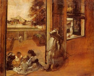 Children on a Doorstep by Oil Painting Reproduction